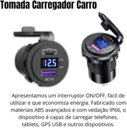 Tomada Carregador Carro Usb Tipo C Pd 3.0 Voltímetro - Image 3